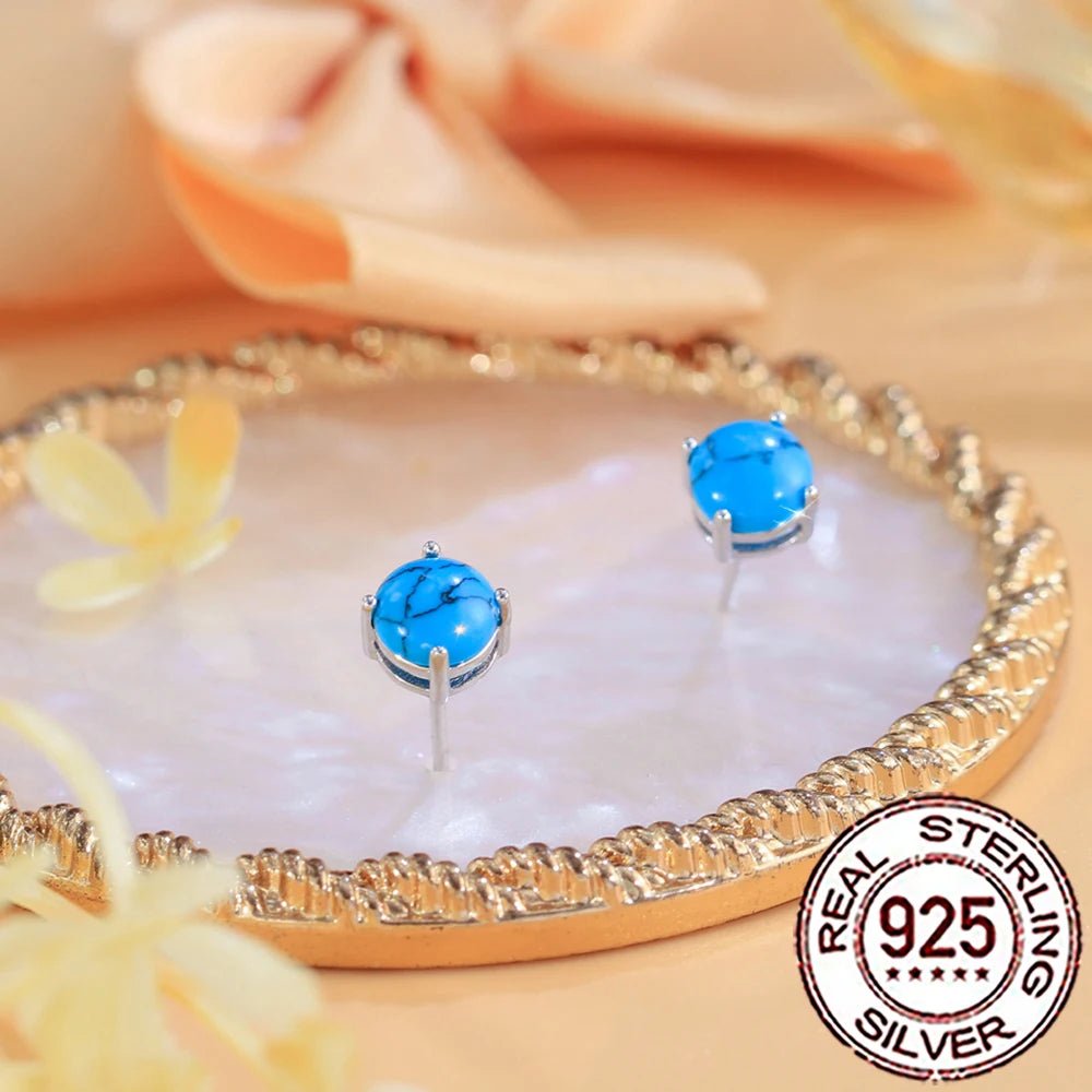 S925 Sterling Silver Turquoise Stud Earrings - Women’s Round Chic Jewelry - HalleBeauty